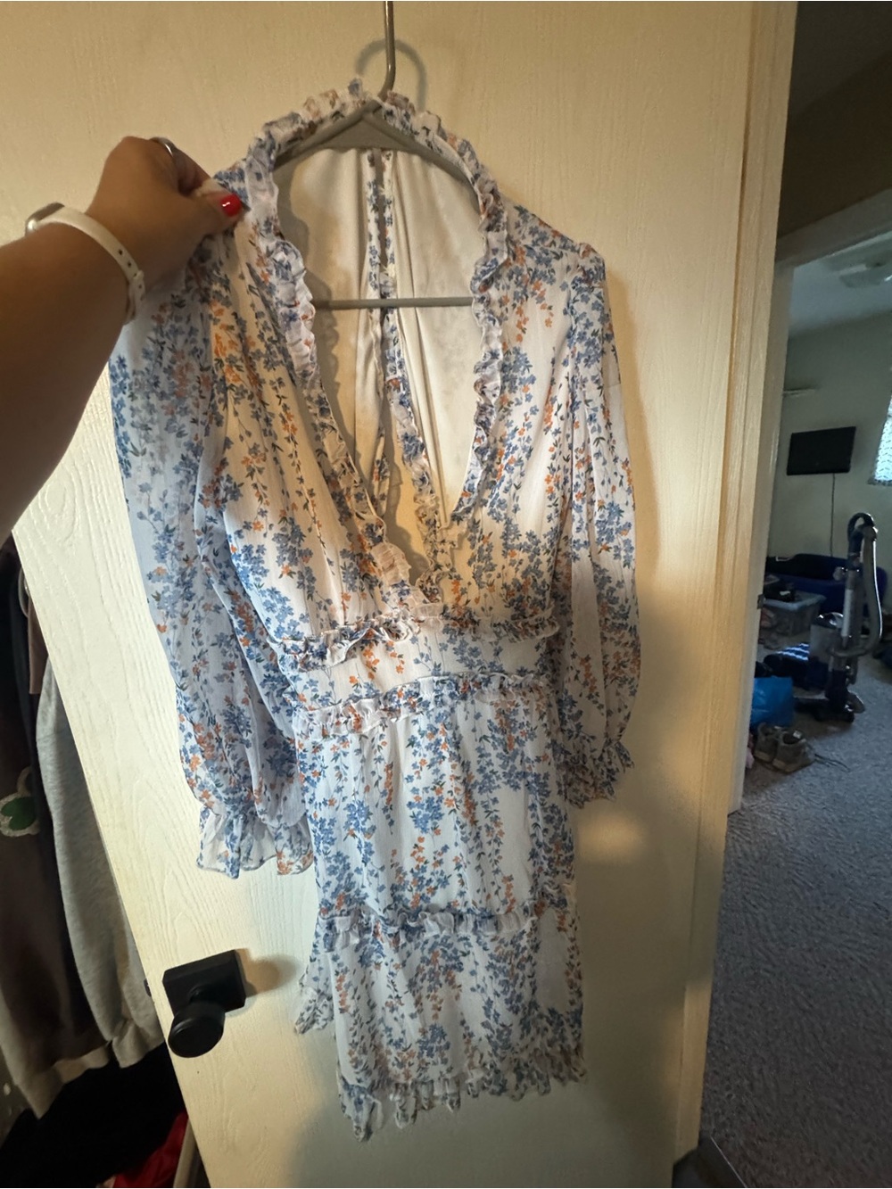 Amazon Women's Mini Dress in White with Blue Floral Print
